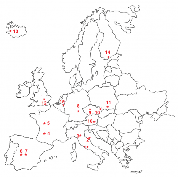 mappa politica europea che mostra dove sono situati i 17 centri di reclutamento del progetto SPRINTT